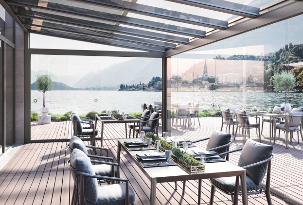 Toiture coulissante en verre pour la restauration