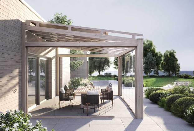 Toiture coulissante en verre avec façade en bois