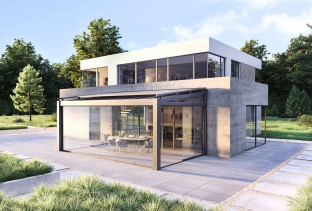 Maison d'habitation avec toiture et paroi coulissante en verre